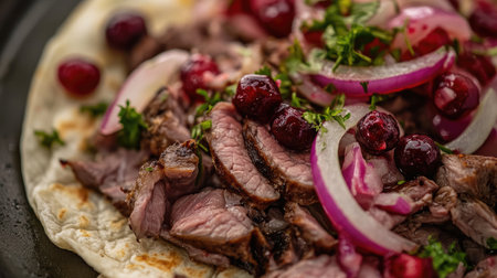 A close-up of renskav, thinly sliced reindeer meat, served in a street food wrap with lingonberries and onions, showcasing its rich flavors.の素材