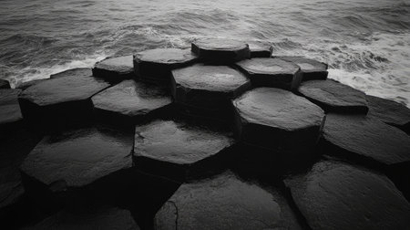 The striking patterns of the basalt columns at the Giant's Causeway, with their natural symmetry set against the Atlantic Ocean. No people included.の素材