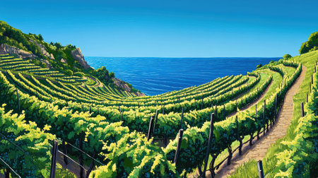The terraced vineyards of Cinque Terre, with rows of grapevines carved into the hillside and the blue sea below. No people included.の素材