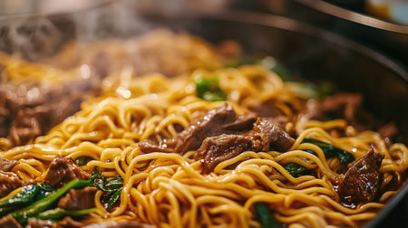 A close-up of Chinese hand-pulled noodles (lamian) served with braised beef, fresh from a street vendor, showcasing the noodles' soft, chewy texture.の素材