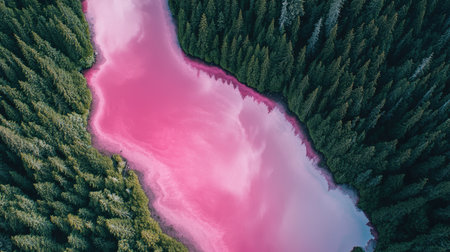 Top-down aerial view of Hiller Lake striking pink surface, with the surrounding forest and coast in the frame. No people included.の素材