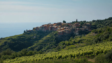 View of Corniglia village from a distance, nestled among vineyards, perched high above the Mediterranean in Cinque Terre. No people included.の素材