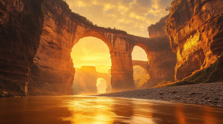 Sunset over the Three Natural Bridges in China, casting a golden glow on the cliffs and arches, with a river flowing peacefully below. No people included.の素材