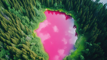 The unique contrast between the striking pink waters of Hiller Lake and the rich green forest surrounding it, seen from above. No people included.の素材