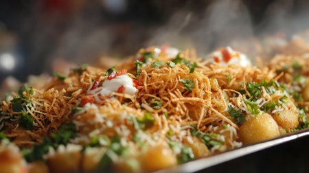 A close-up of aloo tikki chaat topped with chutney, yogurt, and crunchy sev, served from an Indian street vendor.の素材