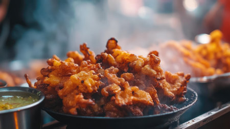 A close-up of crispy onion bhajis served with a side of chutney, freshly fried from an Indian street food stall.の素材