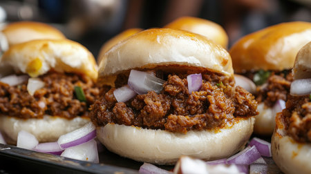 A close-up of delicious kheema pav, spicy minced meat served in a soft bun with onions and lemon, fresh from a street vendor in India.の素材
