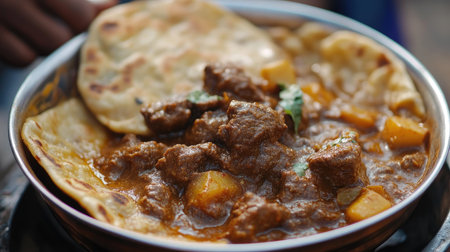 A close-up of freshly made parotta bread served with spicy beef curry, from a street vendor in Kerala, India.の素材