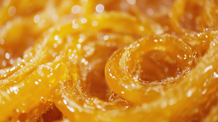 A close-up of freshly made jalebis, golden, crispy, and soaked in sugar syrup, glistening at an Indian street food stall.の素材