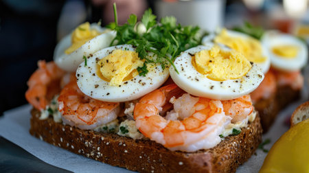 Close-up of a Swedish shrimp sandwich on rye bread with boiled eggs and lemon, fresh from a street vendor.の素材