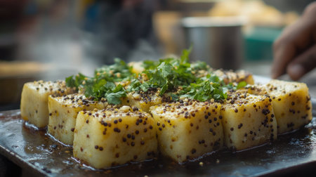 A close-up of dhokla, steamed lentil cakes garnished with mustard seeds and coriander, served fresh from an Indian street vendor.の素材