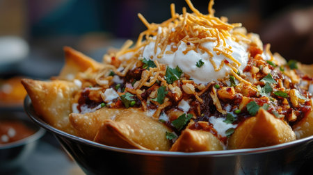 A close-up of piping hot samosa chaat topped with yogurt, tamarind chutney, and sev, fresh from an Indian street vendor.の素材