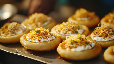 A close-up of dahi puri, crispy puris filled with yogurt, tamarind, and spices, topped with sev from a street vendor in India.の素材