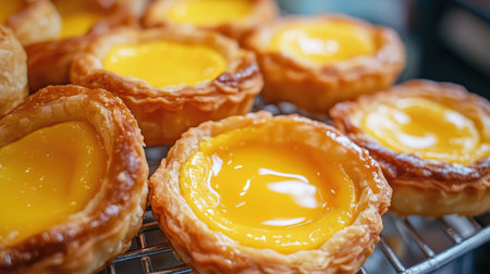 A close-up shot of Chinese-style egg tarts (dan tat) with a golden crust and creamy filling, fresh from a street food stall.の素材