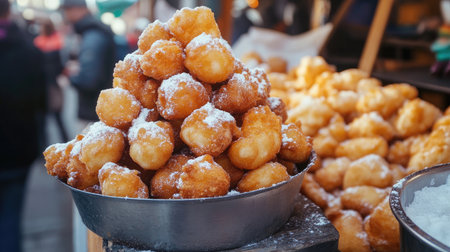 Close-up of a Swedish fried dough pastry (munk) coated with sugar, freshly served from a street vendor, highlighting its golden, crispy exterior.の素材