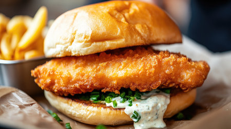A close-up shot of fried Swedish perch (abborre) fillet served in a sandwich with tartar sauce from a street vendor, highlighting its crispy texture.の素材