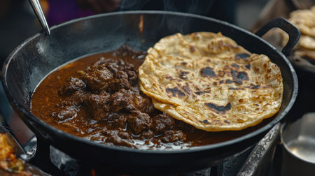 A close-up of freshly made parotta bread served with spicy beef curry, from a street vendor in Kerala, India.の素材