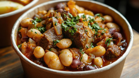 A close-up of samp and beans (umngqusho), a South African street food favorite, served in a paper bowl, highlighting its hearty texture and earthy flavors.の素材