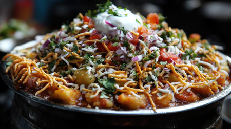 A close-up of aloo tikki chaat topped with chutney, yogurt, and crunchy sev, served from an Indian street vendor.の素材