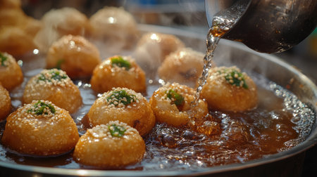 A close-up of tangy tamarind-flavored pani puri being filled with spicy water, ready to be devoured at an Indian street stall.の素材