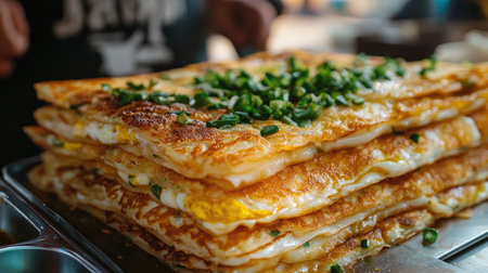 A close-up of crispy jianbing (Chinese crepe) folded with egg, scallions, and sauce, fresh from a street food vendor, highlighting its crunchy layers.の素材