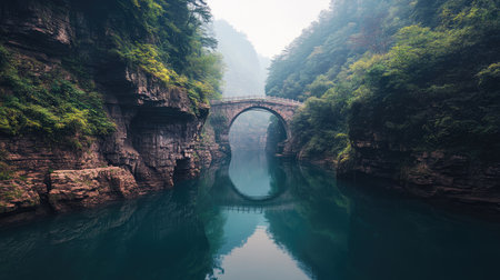 Tranquil image of the river flowing beneath one of the Three Natural Bridges in China, framed by steep cliffs and forested hills. No people included.の素材