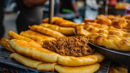 Close-up of amagwinya (South African fried dough) served with a side of mince and cheese at a street food stall, highlighting its golden crust.の素材