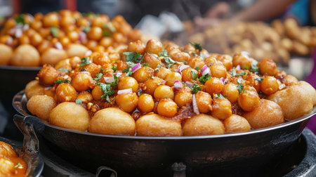 A close-up of golgappas filled with tamarind water, spicy potatoes, and chickpeas, served at a busy Indian street market.の素材