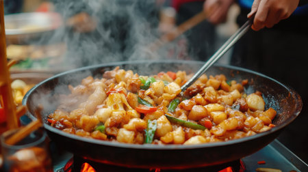 Close-up of fried rice cakes (nian gao) stir-fried with vegetables and soy sauce, served from a Chinese street food vendor.の素材