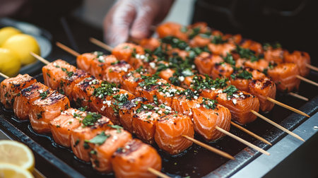 A close-up shot of grilled salmon skewers from a Swedish street food vendor, served with fresh herbs and lemon, capturing its smoky and fresh appeal.の素材
