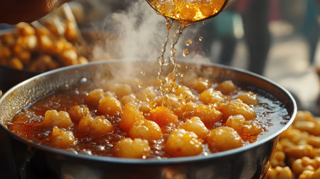 A close-up of tangy tamarind-flavored pani puri being filled with spicy water, ready to be devoured at an Indian street stall.の素材