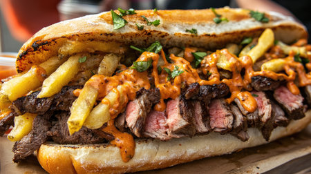 Close-up of a Gatsby sandwich, filled with spicy fries, steak, and peri-peri sauce, served at a street food vendor, showcasing its massive size and vibrant layers.の素材