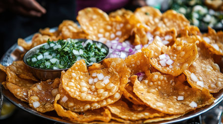 Close-up of crispy papad served with a side of mint chutney and onions from a street vendor in India.の素材