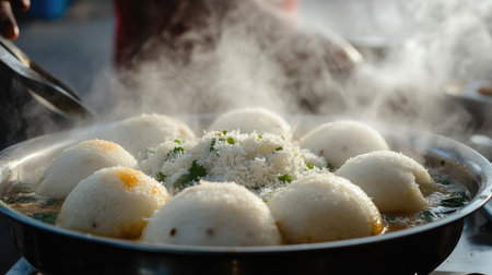 A close-up of steaming hot idlis served with coconut chutney and sambar, fresh from an Indian street food vendor.の素材