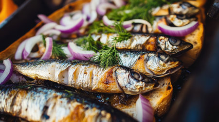 A close-up of Swedish herring (sill) served on rye bread with dill and onions from a street food vendor, capturing its fresh and appetizing appearance.の素材