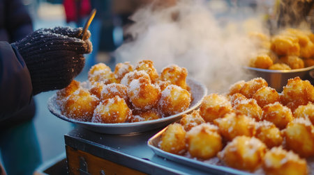Close-up of a Swedish fried dough pastry (munk) coated with sugar, freshly served from a street vendor, highlighting its golden, crispy exterior.の素材