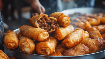 Close-up of fried vetkoek stuffed with minced beef and chutney, served hot from a South African street vendor, emphasizing its crispy exterior and soft filling.の素材