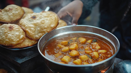 Close-up of crispy kachori served with a spicy potato curry, hot from an Indian street food stall.の素材