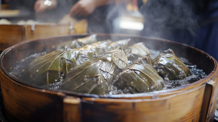 Close-up of sticky rice dumplings (zongzi) wrapped in bamboo leaves, fresh from a Chinese street food vendor, highlighting the glistening sticky rice.の素材