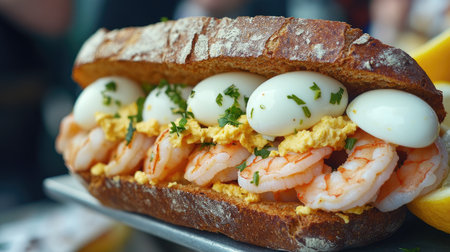 Close-up of a Swedish shrimp sandwich on rye bread with boiled eggs and lemon, fresh from a street vendor.の素材