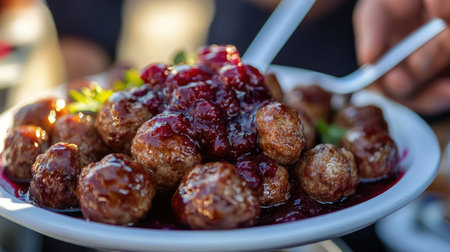 A close-up shot of traditional Swedish meatballs served with lingonberry sauce on a street vendor plate, highlighting their rich color and texture.の素材