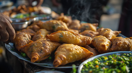 Close-up of crispy samosas filled with spicy potatoes and peas, served with tamarind chutney from an Indian street vendor.の素材
