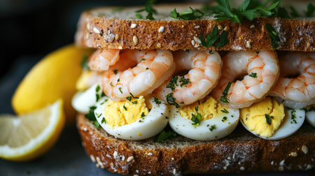 Close-up of a Swedish shrimp sandwich on rye bread with boiled eggs and lemon, fresh from a street vendor.の素材