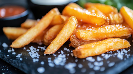 A close-up of slap chips, thick-cut fries drenched in vinegar and salt, served hot from a South African street food stall, highlighting their golden, crispy exterior.の素材