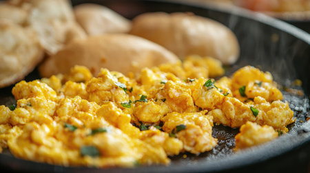 Close-up of spicy anda bhurji (scrambled eggs) cooked on a flat griddle and served with pav, fresh from an Indian street vendor.の素材
