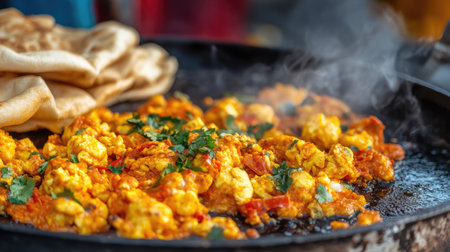 Close-up of spicy anda bhurji (scrambled eggs) cooked on a flat griddle and served with pav, fresh from an Indian street vendor.の素材