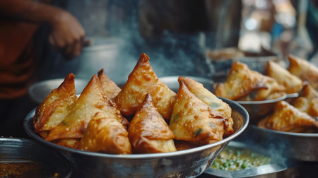 Close-up of crispy samosas filled with spicy potatoes and peas, served with tamarind chutney from an Indian street vendor.の素材