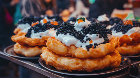 A close-up shot of Swedish langos, a deep-fried flatbread topped with sour cream and caviar, served hot from a street food stall.の素材