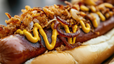 Close-up of a hotdog topped with fried onions and mustard, served from a Swedish street food stall, emphasizing its crisp and savory appeal.の素材