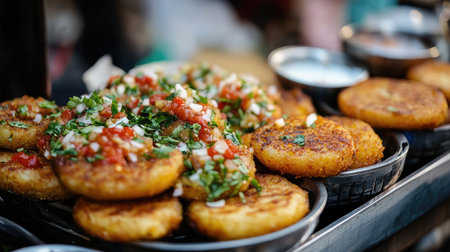 Close-up of spicy aloo tikki, pan-fried potato patties topped with chutney and yogurt, served fresh from an Indian street vendor.の素材